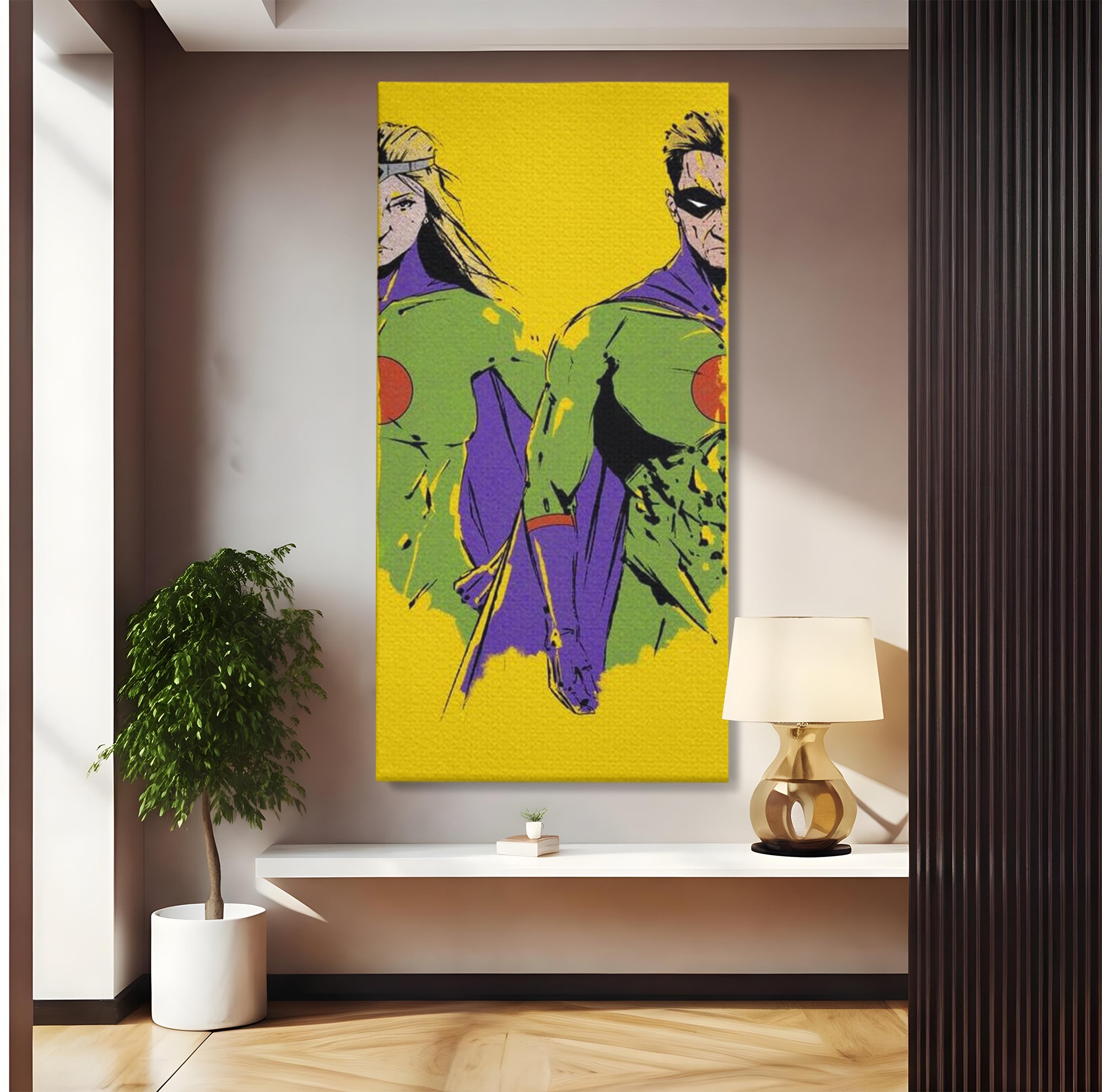Tablou canvas cu tablou canvas cu doi supereroi pe fundal galben, fara rama, pe sasiu de lemn